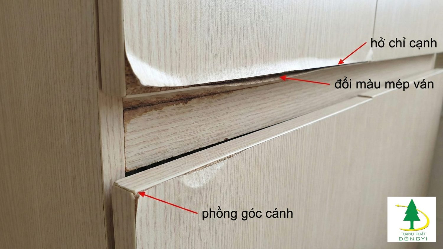 Minh hoạ dấu hiệu – hở chỉ cạnh / đổi màu mép ván / phồng góc cánh