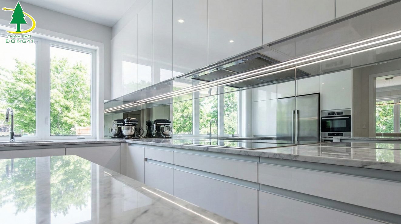 Tủ bếp dán màng PETG gương