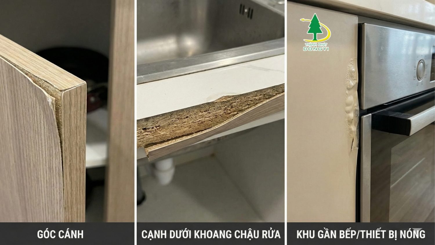 Ba vị trí hay bong mép: góc cánh tủ, cạnh dưới khoang chậu rửa, khu gần bếp và thiết bị nóng