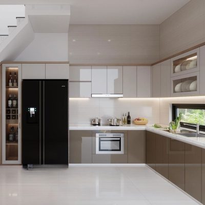Tủ bếp hiện đại cánh phẳng phủ màng PETG bóng gương sang trọng