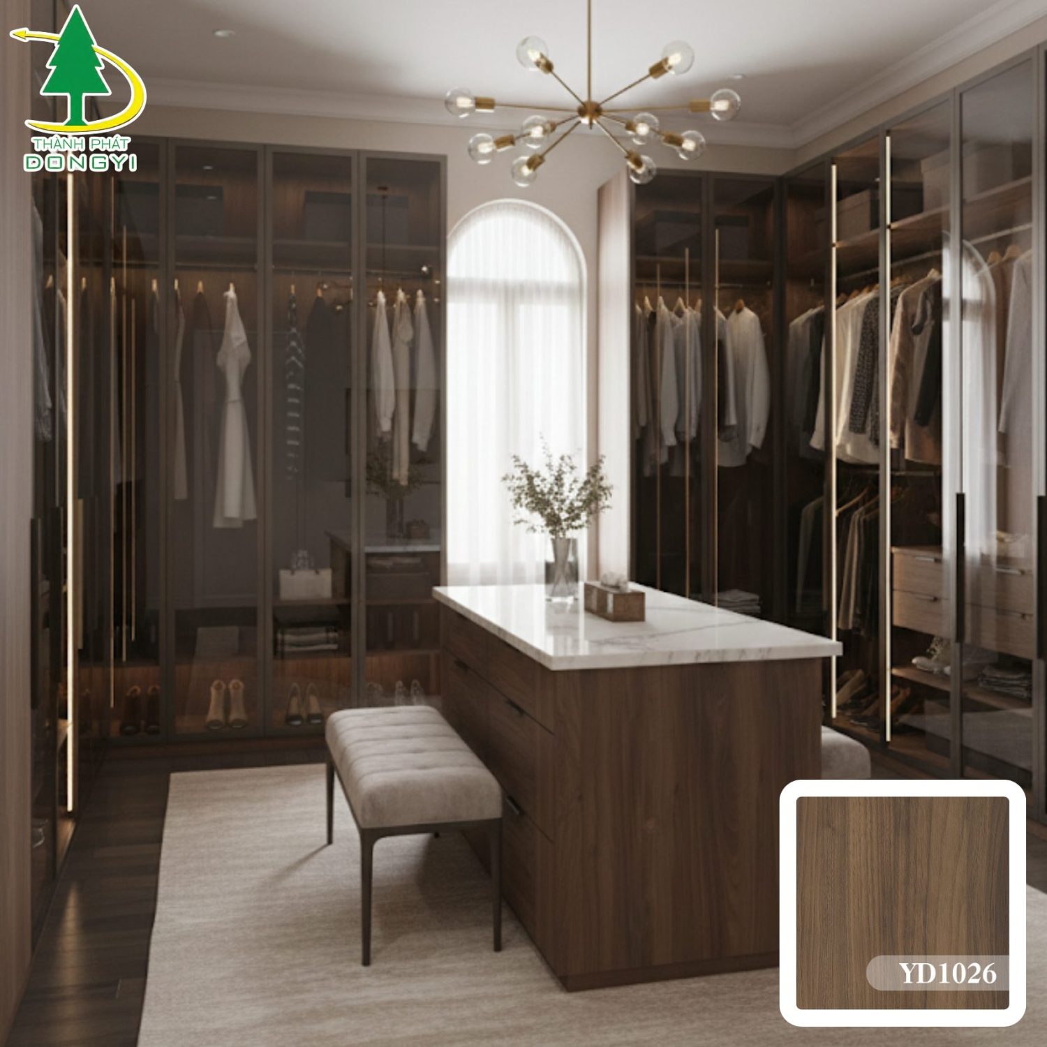 Ảnh nội thất phòng khách sử dụng màng pvc vân gỗ óc chó mã YD1026 Thành Phát Dongyi