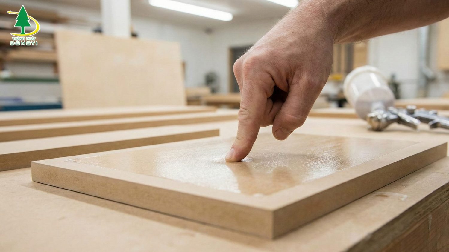 Kiếm tra keo khi phun lên cốt gỗ tấm để hút chân không Thành Phát Dongyi