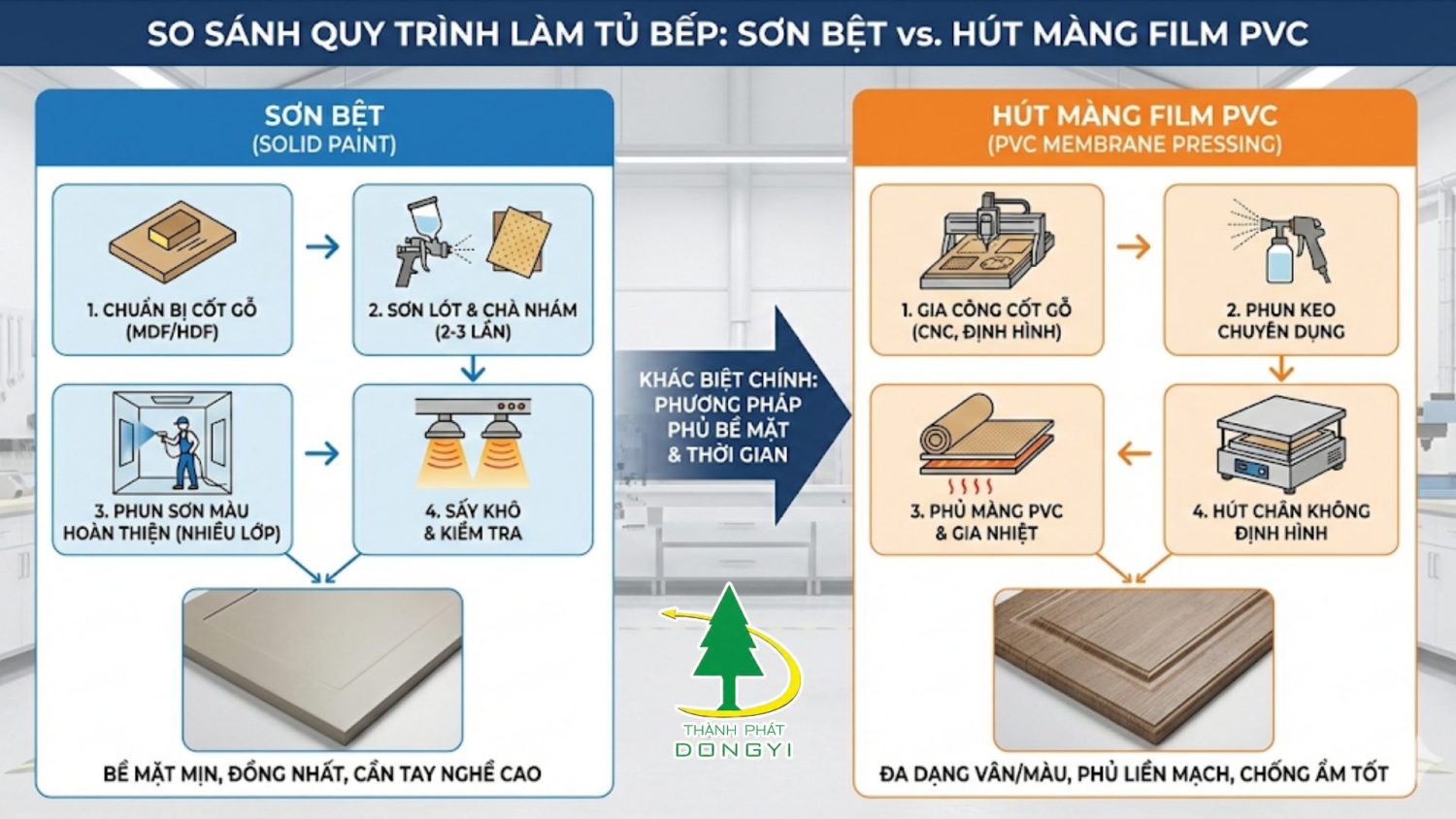 So sánh quy trình sơn bệt và phủ màng film pvc