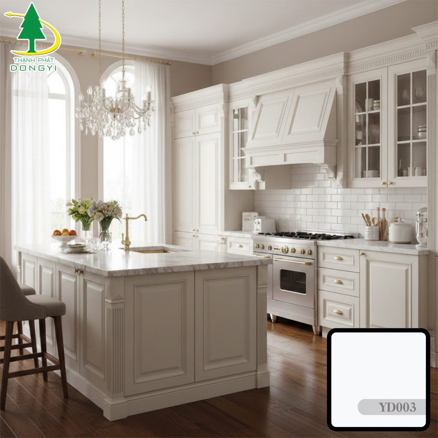 Tủ bếp tân cổ điển hút màng PVC trắng sứ sang trọng YD003 Thành Phát Dongyi