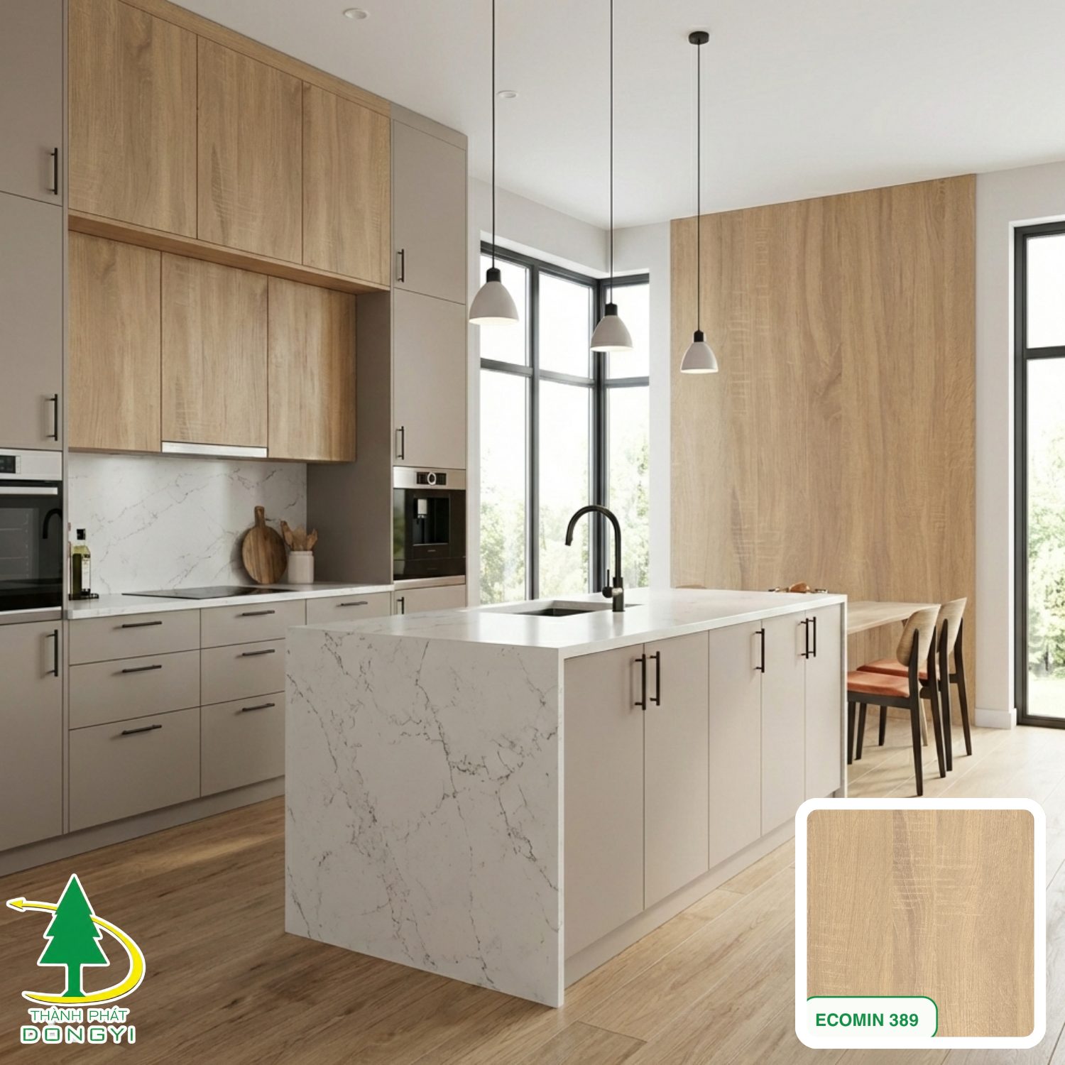 ảnh nội thất sử dụng màng film pvc vân gỗ sồi cưa Mã ECOMIN389 Thành Phát DOngyi