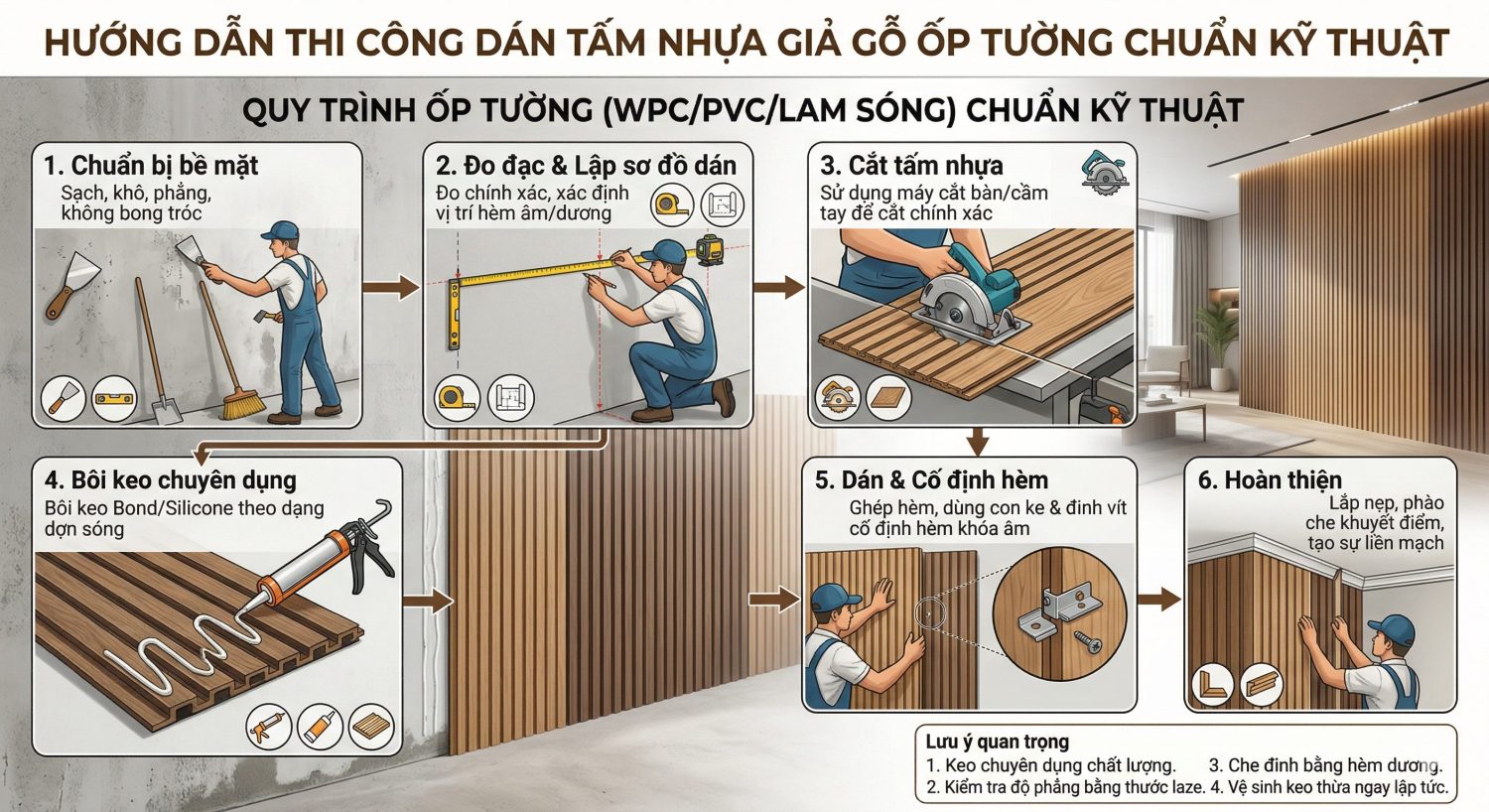 Hướng dẫn thi công dán tấm nhựa giả gỗ ốp tường chuẩn kỹ thuật