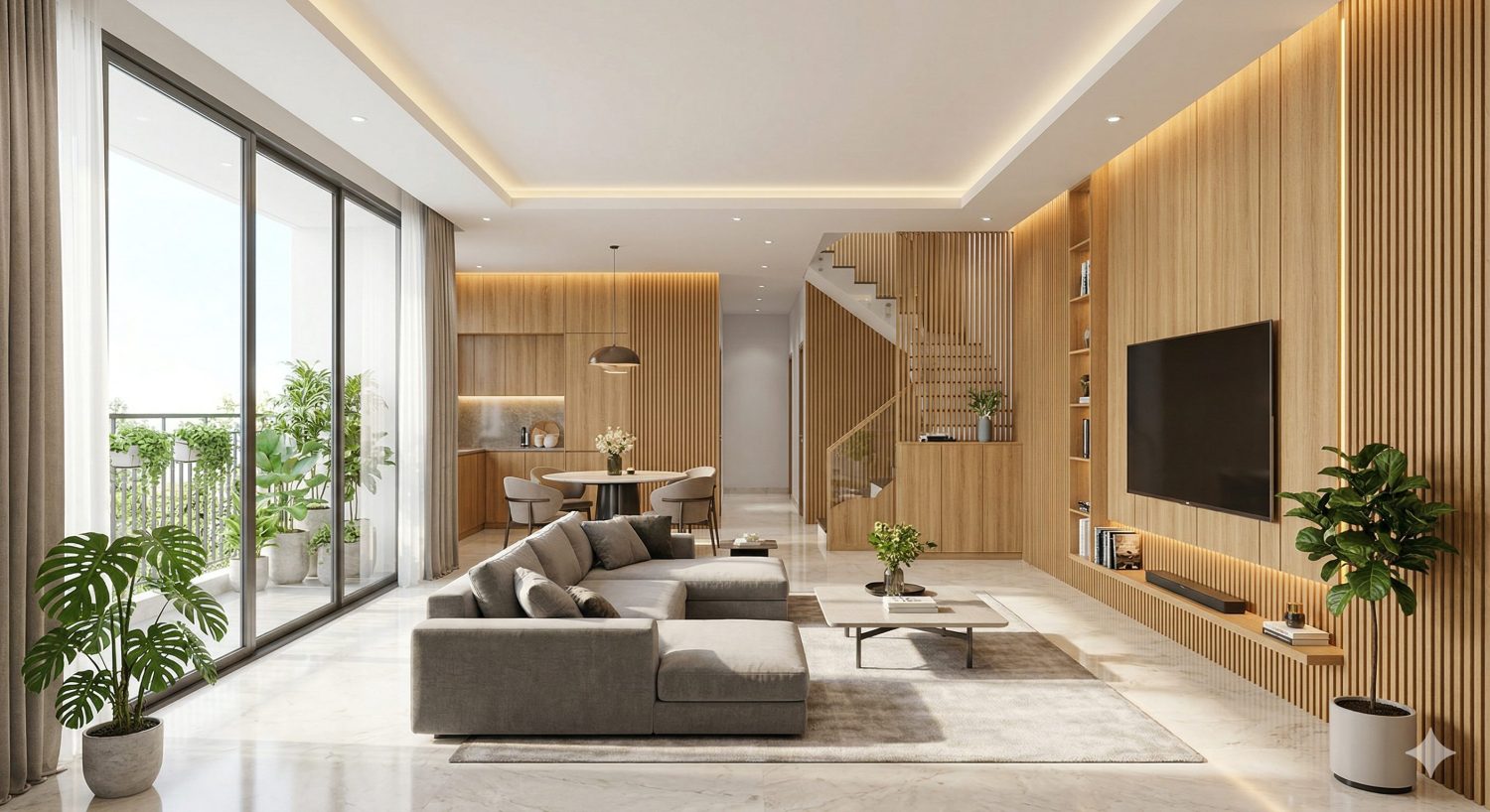 Tổng quan không gian sử dụng tấm nhựa giả gỗ ốp tường trong nhà