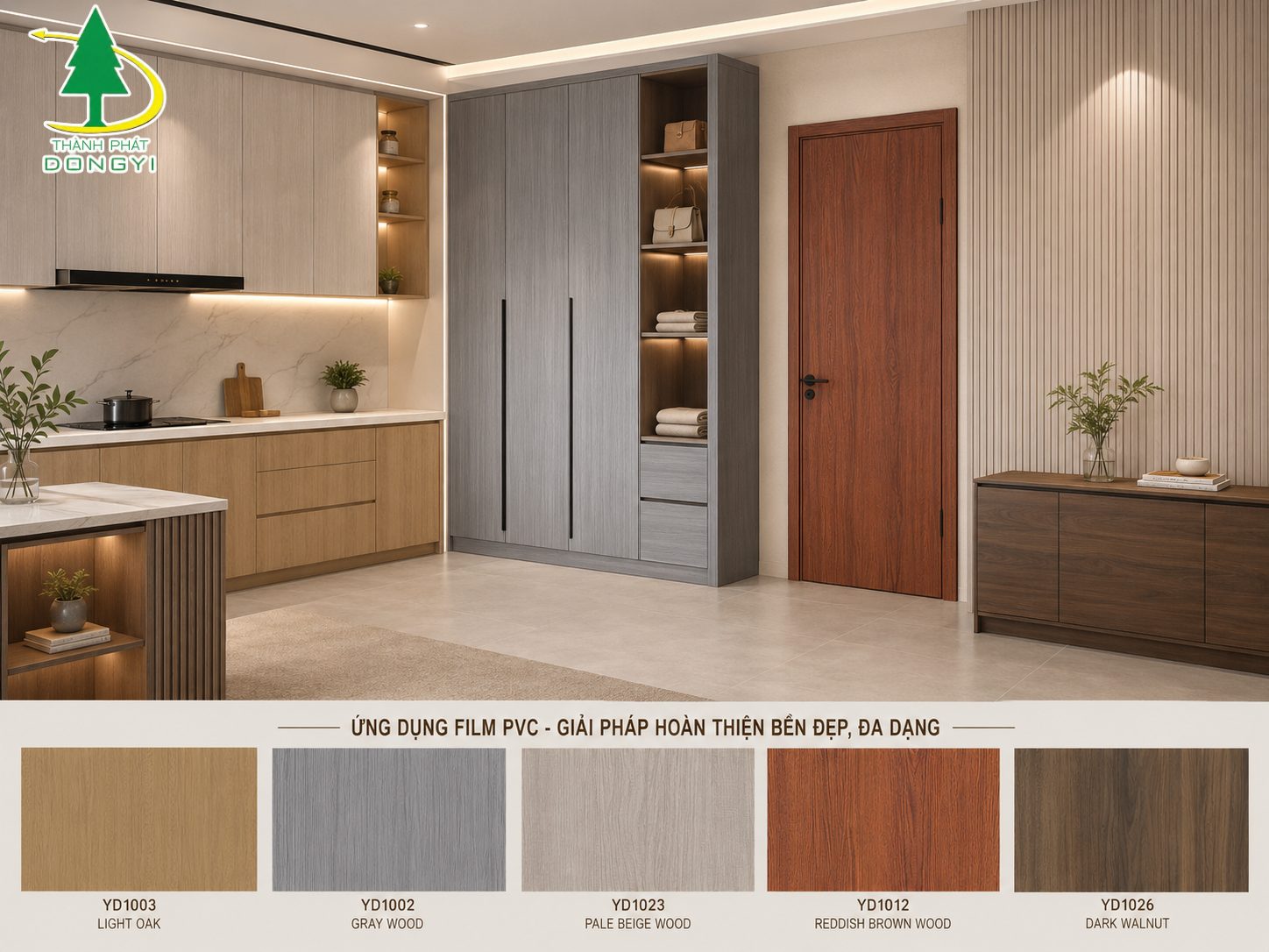 Các sản phẩm nội thất khác nhau như tủ bếp, tủ áo, cửa, vách ốp được phủ màng PVC