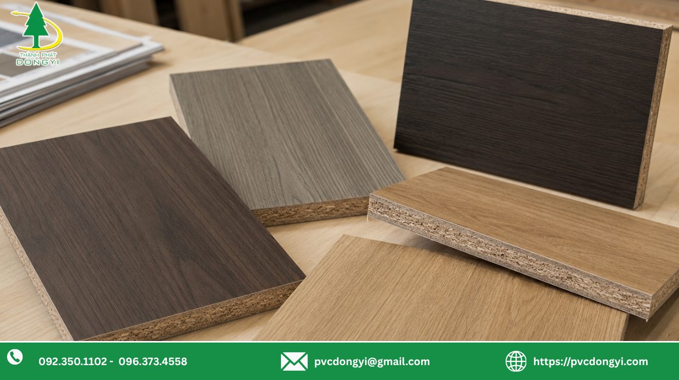 Mẫu màng PVC đã ép thử trên cốt gỗ để kiểm tra màu, bề mặt và độ bám1
