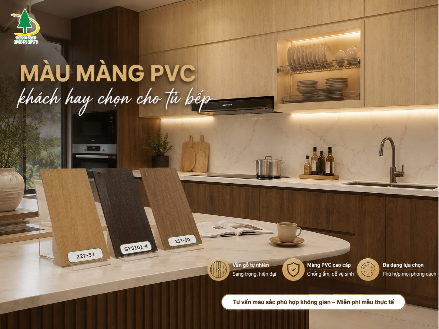 Màu màng pvc khách hay chọn cho tủ bếp