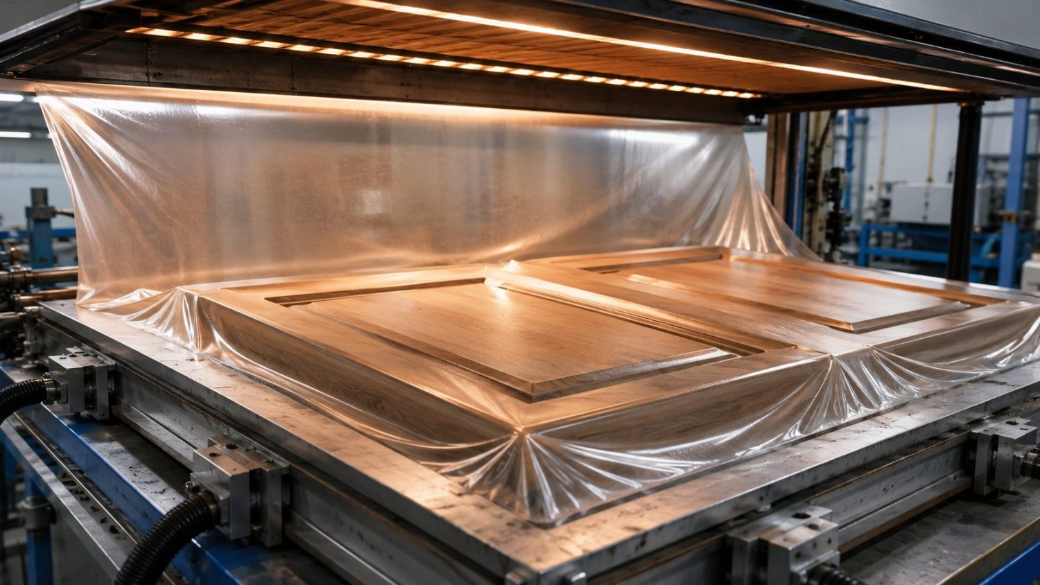 Ép màng PVC hút chân không lên cánh tủ MDF