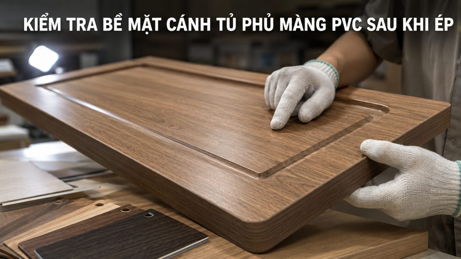 Kiểm tra bề mặt cánh tủ phủ màng PVC sau khi ép