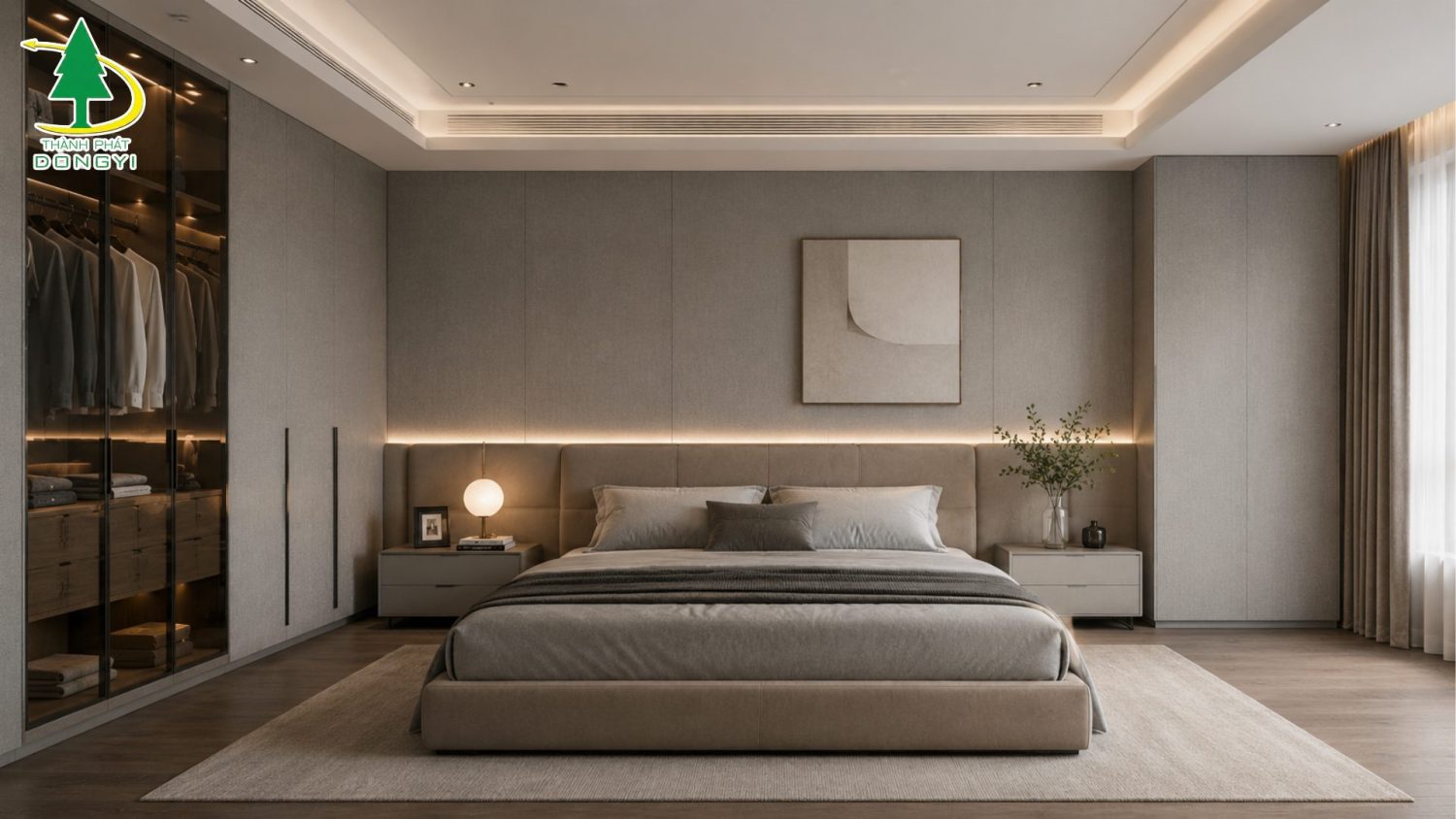 Màng PVC xám khói vân linen cho phòng ngủ master