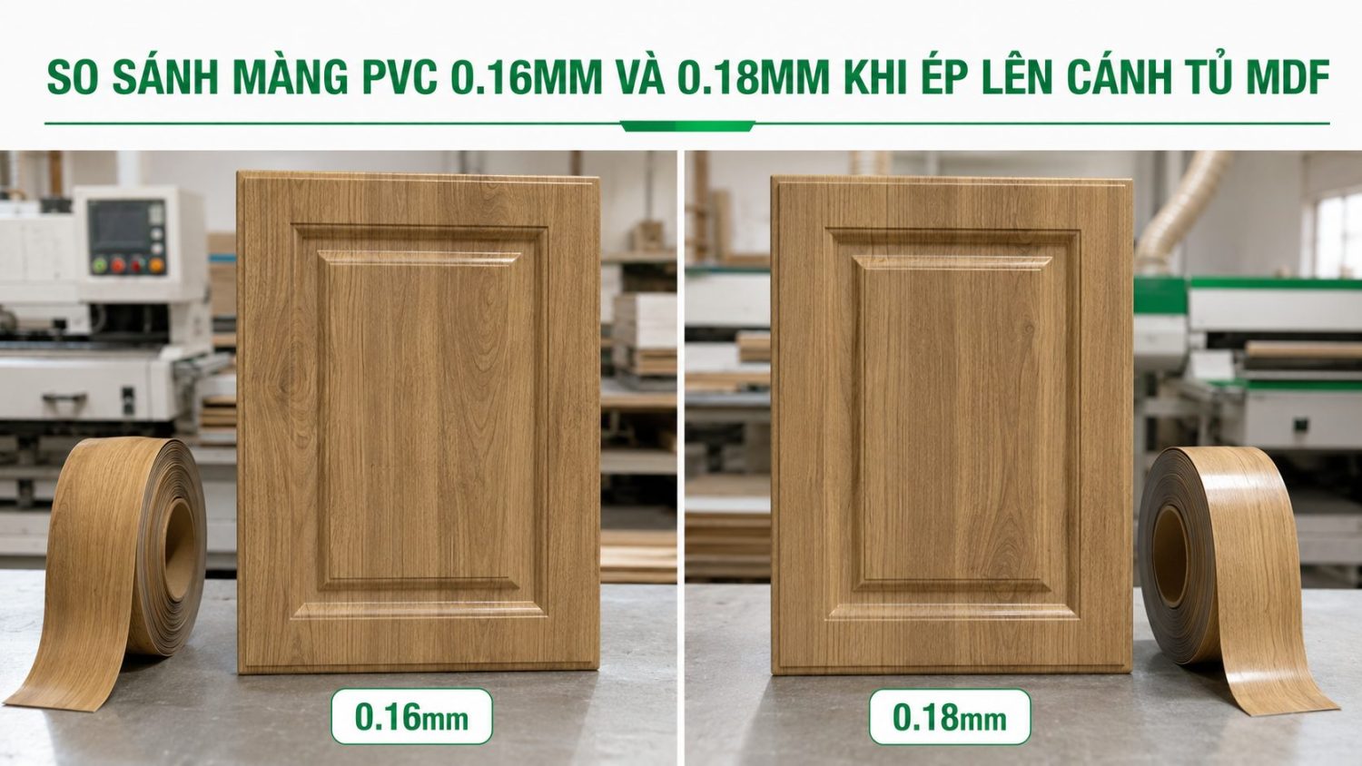 So sánh màng PVC 0.16mm và 0.18mm khi ép lên cánh tủ MDF