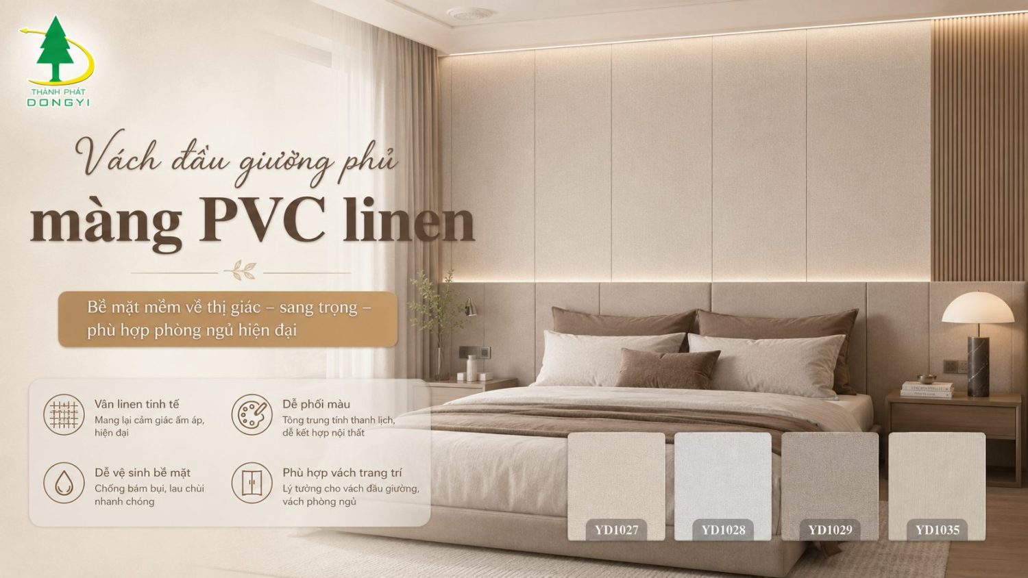 Vách đầu giường phủ màng PVC linen